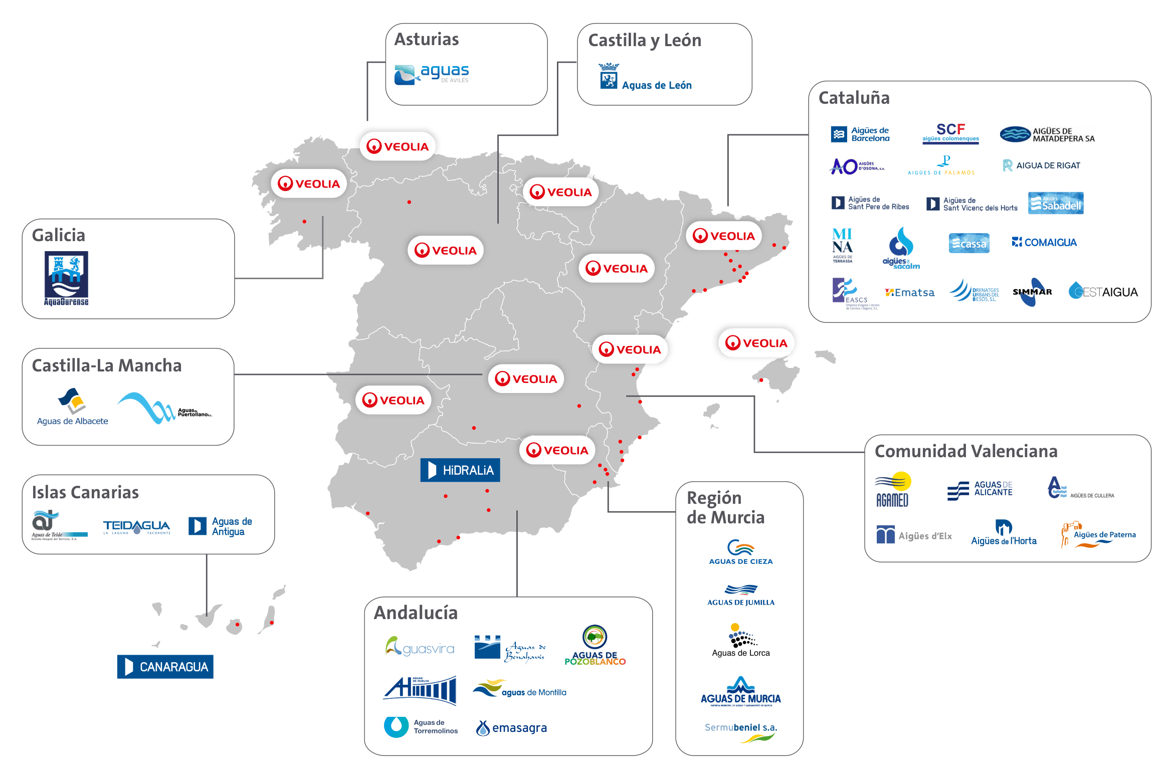 Mapa d’Espanya amb la presència territorial de Veolia
